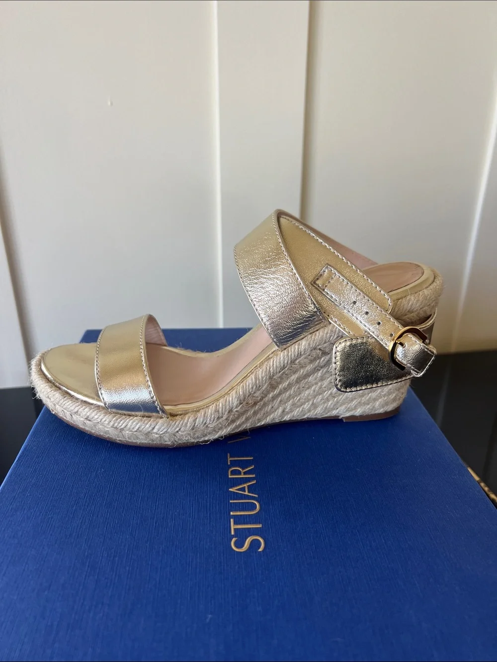 Stuart Weitzman Metallic Gold Espadrille Wedge Sandals - Picture 3 of 9